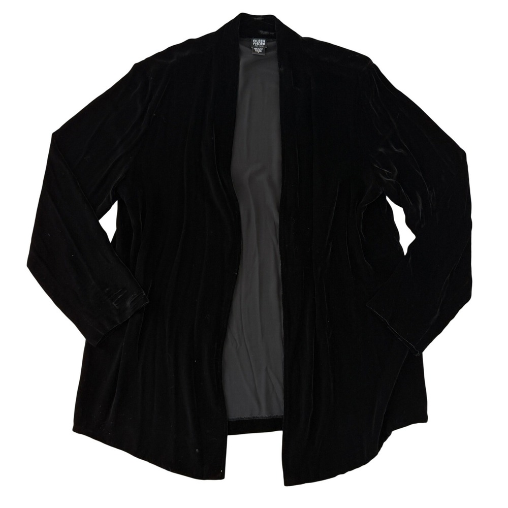Eileen Fisher Black Velvet Cardigan Large Kimono Silk Blend Luxury Cozy Grunge